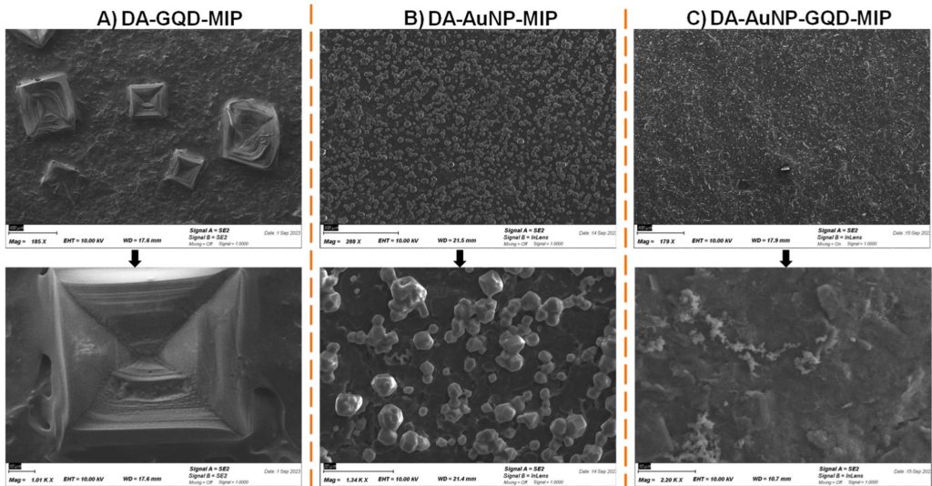 Figure 1. SEM micrographs of A) DA-GQD-MIP, B) DA-AuNP-MIP and C) DA-AuNP-GQD-MIP and their magnified images in the bottom row