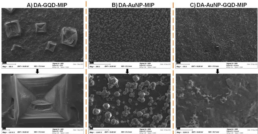 Figure 1. SEM micrographs of A) DA-GQD-MIP, B) DA-AuNP-MIP and C) DA-AuNP-GQD-MIP and their magnified images in the bottom row