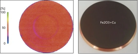 Perfect bonding between the backing plate and the target (Left), and a copper back-plated Fe2O3 target (right).