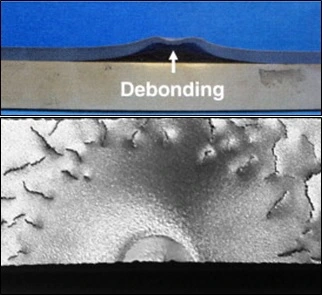Cracks and cone formation at the sputter surface because of debonding.
