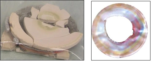 Copper back-plated CeO2 cracked after melting the indium bond (left) and the melted Tin foil (right) as a result of exceeded sputtering current.