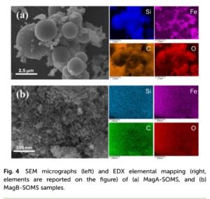 SEM micrographs (left) and EDX elemental mapping (right, elements are reported on the figure of (a) MagA-SOMS, and (b) MagB-SOMS samples.
