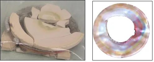 Figure 5. Copper Back-Plated CeO2 Cracked After Melting the Indium Bond (Left) and the Melted Tin Foil (Right) as A Result of Exceeded Sputtering Current Copper Back-Plated CeO2 Cracked After Melting the Indium Bond (Left) and the Melted Tin Foil (Right) as A Result of Exceeded Sputtering Current