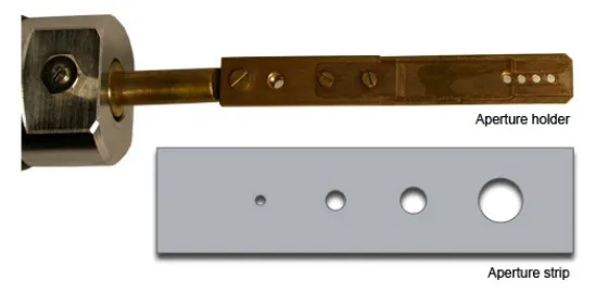 TEM Apertures Up: Aperture Strip, Down: Apertures in A TEM Setup